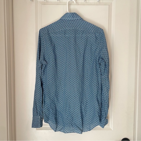 Alessandro Gherardi 100% Linen Hand Sew BlueGeometric Patterned Men's Shirt 38/S - Picture 4 of 9